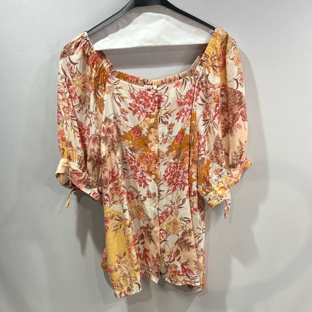 Lauren Conrad Floral Blouse 2X Puffy Tie Sleeve Summer